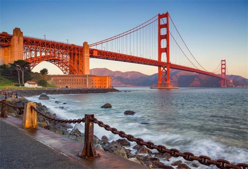 AOFOTO 7x5ft Golden Gate Bridge Backdrop River Mountains Sunset San Francisco California Tourist Attractions Scenic Spots Photography Background Video Display Vinyl Photo Booth Prop - Image 1